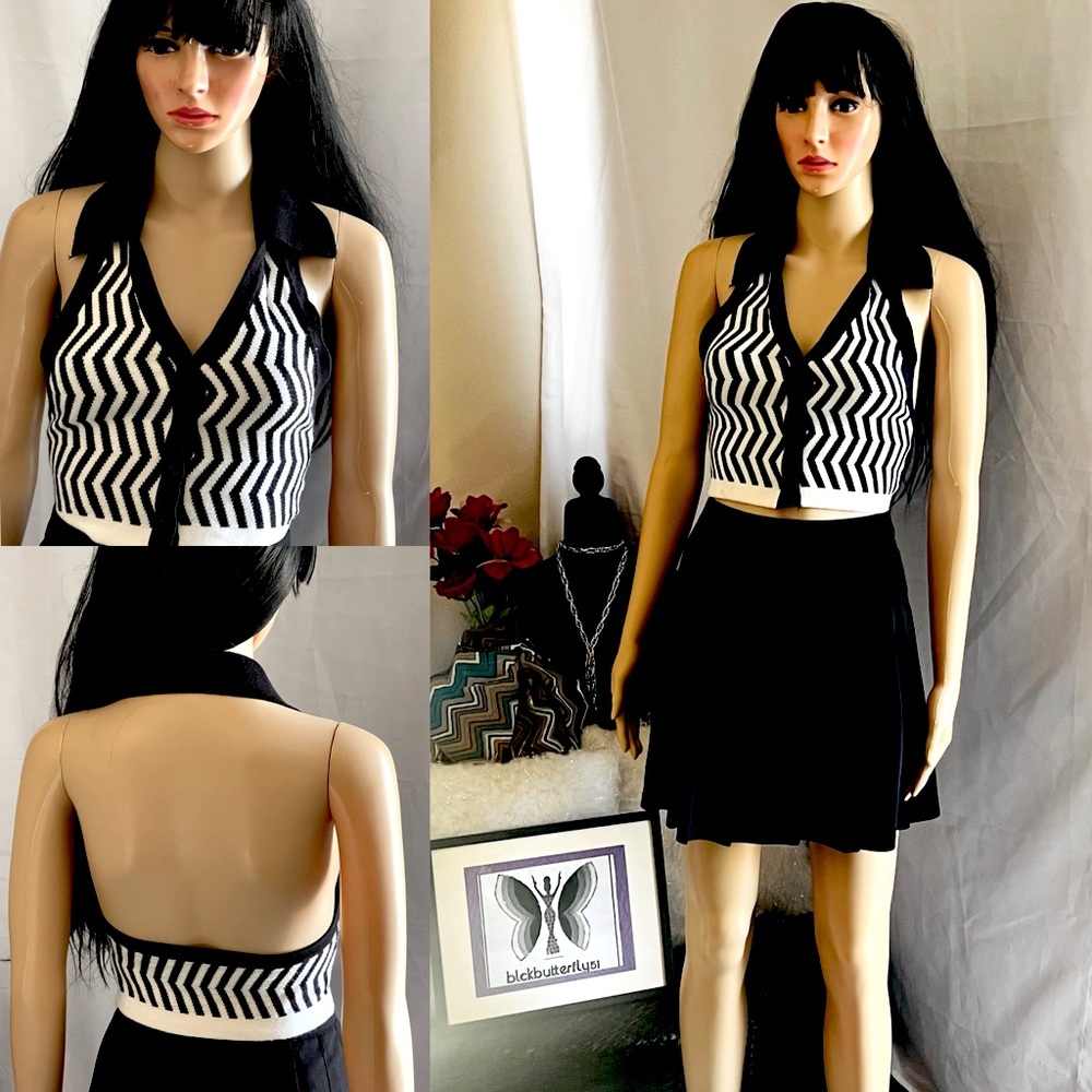 Knit halter with collar and button front. 100% polyester. Size small.